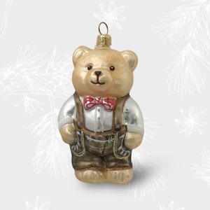 Bear in Bavarian Lederehosen, Christmas Ornament, Collectible Bauble, Blown Glass Ornament, Christmas Tree Ornament Decoration, Hand Painted