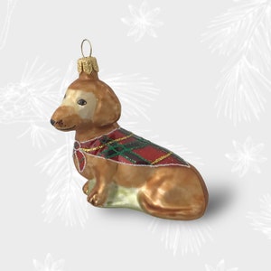 Dackelhund im Bandana, Sammelkugel, mundgeblasene Glasornamente, Weihnachtsbaumschmuck, handgefertigte Malerei, einzigartiges Geschenk