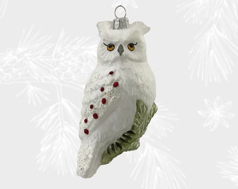 White Owl with red crystals, Bird Christmas Ornament, Collectible Bauble, Blown Glass Ornaments, Christmas Tree Ornament Decorations