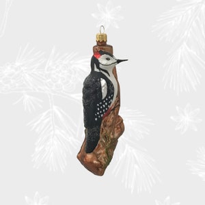 Specht, schwarzer Vogel Weihnachtsschmuck, Sammlerkugel, mundgeblasene Glasornamente, Weihnachtsbaumschmuck, handbemalt