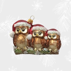 Three Owls, Birds, Christmas Ornament, Collectible Bauble, Blown Glass Ornaments, Christmas Tree Ornament Decorations, Handmade Painting