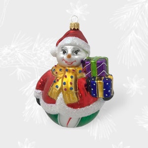 Snowman With Gifts, Christmas Ornament, Collectible Bauble, Blown Glass Ornaments, Christmas Tree Ornament Decorations, Handmade in Poland