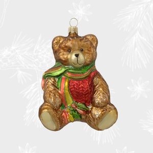 Bär-Weihnachtsschmuck, Teddybär im Schal, Sammelkugel, mundgeblasene Glasornamente, Weihnachtsbaumschmuck