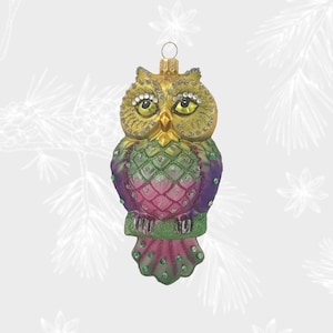 Eulenschmuck, Vogel, Weihnachtsschmuck, Sammlerkugel, mundgeblasene Glasornamente, Christbaumschmuck, handdekoriert