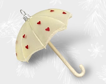 Umbrella With Hearts, Hanging Christmas Tree Ornament, Vintage Bauble Style, Handmade Glass Ornaments, Polish Manufaktura