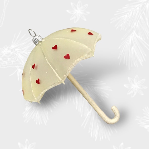 Umbrella With Hearts, Hanging Christmas Tree Ornament, Vintage Bauble Style, Handmade Glass Ornaments, Polish Manufaktura