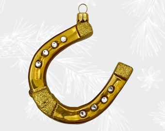 Talisman en fer à cheval, fer à cheval doré, ornement de Noël, ornements en verre soufflé, décorations d'ornement d'arbre de Noël, faits à la main en Europe
