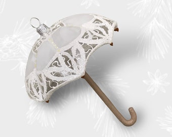 Parapluie en dentelle blanche, ornement d'arbre de Noël suspendu, style babiole vintage, ornements en verre faits à la main, manufacture polonaise