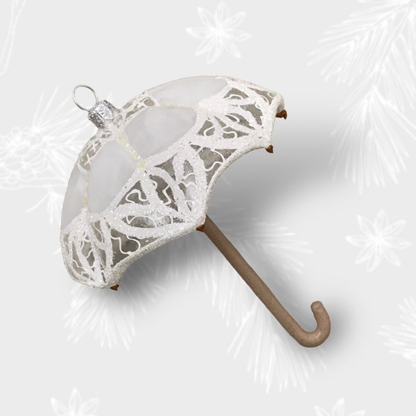 White Lace Umbrella, Hanging Christmas Tree Ornament, Vintage Bauble Style, Handmade Glass Ornaments, Polish Manufaktura