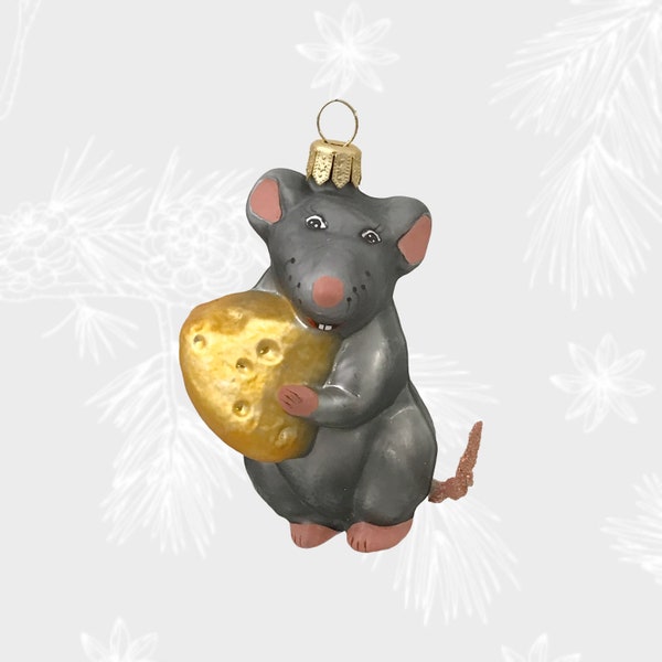 Rat with cheese, Christmas Decoration in the Shape of a Rat, Glass Christmas Tree Ornament, Handmade in Poland