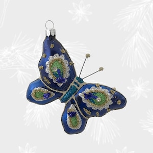 Butterfly Blue Jewelry, Christmas Ornament, Collectible Bauble, Blown Glass Ornament, Christmas Tree Ornament Decorations, Handmade Painting