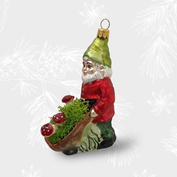 Gnome with Wheelbarrow, Dwarf, Christmas Ornament, Collectible Bauble, Blown Glass Ornaments, Christmas Tree Ornament Decorations, Handmade