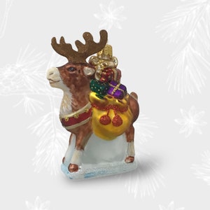 Reindeer with Gifts, Christmas Ornament, Collectible Bauble, Blown Glass Ornaments, Christmas Tree Ornament Decorations, Handmade in Poland