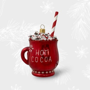 Weihnachtliche heiße Kakaotasse, Weihnachtsschmuck, Sammelkugel, mundgeblasene Glasornamente, Weihnachtsbaumschmuck, handgefertigtes und bemaltes Glas