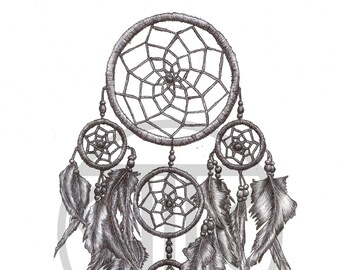 Dreamcatcher Pen Drawing Print, Black & White Wall Art