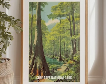 Póster del Parque Nacional Congaree, arte mural de Carolina del Sur, lámina de paisaje forestal.