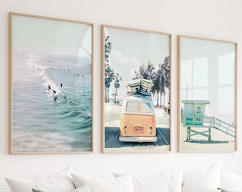 Large Beach Wall Art Boho Summer Beach Surf Van Print Beach Life Theme Set Lifeguard Photo Set 3 Beach Poster Surfer Ocean Waves Decor