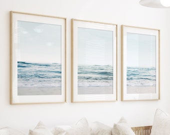 Beach Waves Set of 3 Ocean Triptych California Waves Set Pastel Coastal Art Contemporary Poster Minimalist Blue Wave Set Large Sea Landscape