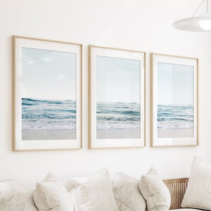 Beach Waves Set of 3 Ocean Triptych California Waves Set Pastel Coastal Art Contemporary Poster Minimalist Blue Wave Set Large Sea Landscape