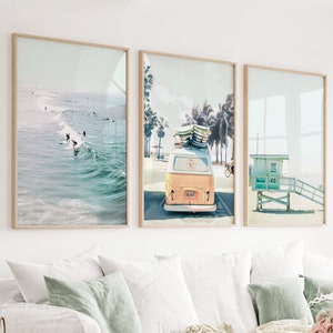 Beach Wall Art Set: Boho Surf Van, Ocean Waves, Lifeguard Print
