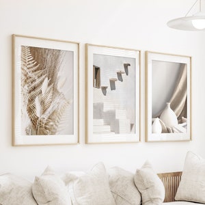 Juego de 3 impresiones bohemias naturales con fotos de escaleras, póster de arte de pared bohemio, impresiones de dormitorio en beige, estampado de jarrón de hierba seca, arte de pared en beige suave, neutro moderno