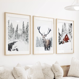 Winter Theme Poster Holiday Wall Art Christmas Print Moose Photo Winter 3 Piece Print Snowy Log Cabin Deer Prints Set Snowy Forest Poster