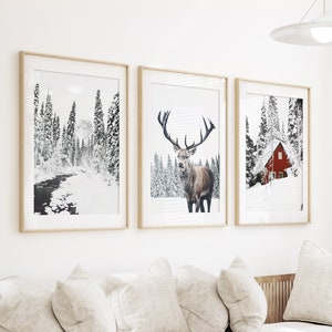 Winter Theme Poster Holiday Wall Art Christmas Print Moose Photo Winter 3 Piece Print Snowy Log Cabin Deer Prints Set Snowy Forest Poster