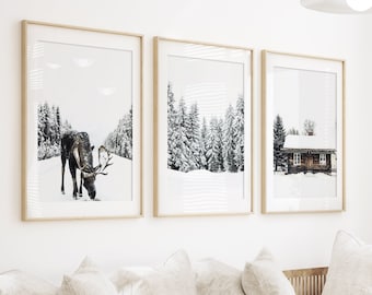 Winter Wonderland Print Set: Snowy Forest, Reindeer, Nordic Cabin