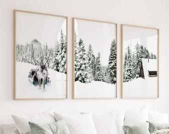 Winter Forest Reindeer Art Print Set: Snowy Christmas Decor
