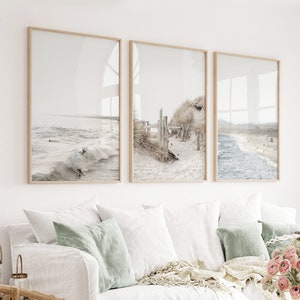 Conjunto de 3 fotografías de playa costera: estampados oceánicos de estilo bohemio, tonos neutros.