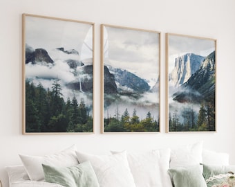 Yosemite Valley Triptych Wall Art: Foggy Forest Landscape Set