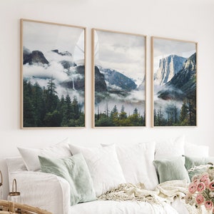 Mountains Wall Art Set 3 Forest Nature Landscape Yosemite Valley Park Travel National Park Foggy Nature Triptych Poster Mist Scandi Forest