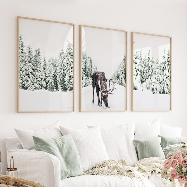 Winter Set of 3 Prints Holiday Wall Decor Winter Wonderland Set of 3 Prints Snowy Winter Theme Moose Poster Snowy Trees Print Winter Forest