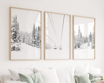 Large Winter Poster Skiing Prints Set  Winter Black White Chalet Decor Snowy Trees Poster Ski Lift Print Winter Forest Landscape Wall Set