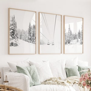 Large Winter Poster Skiing Prints Set  Winter Black White Chalet Decor Snowy Trees Poster Ski Lift Print Winter Forest Landscape Wall Set