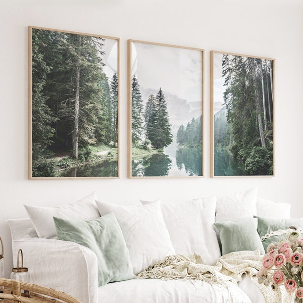 Set of Forest 3 Piece Set Foggy Nature Print River Trees Mountain Misty Forest Art Pine Landscape Set of 3 Forest Poster Nordic Photography