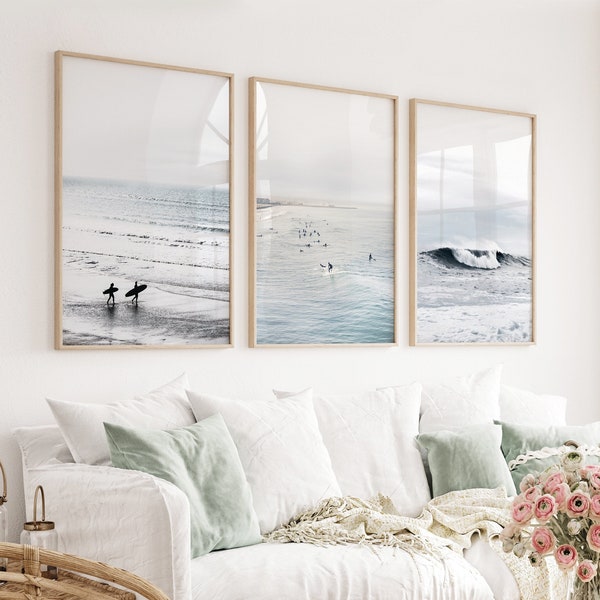 Set of 3 Beach Surf California Wave Surfing Photo Surfer Beach Print Blue Coastal Poster Summer Beach Life Ocean Waves Neutral Wall Art Set