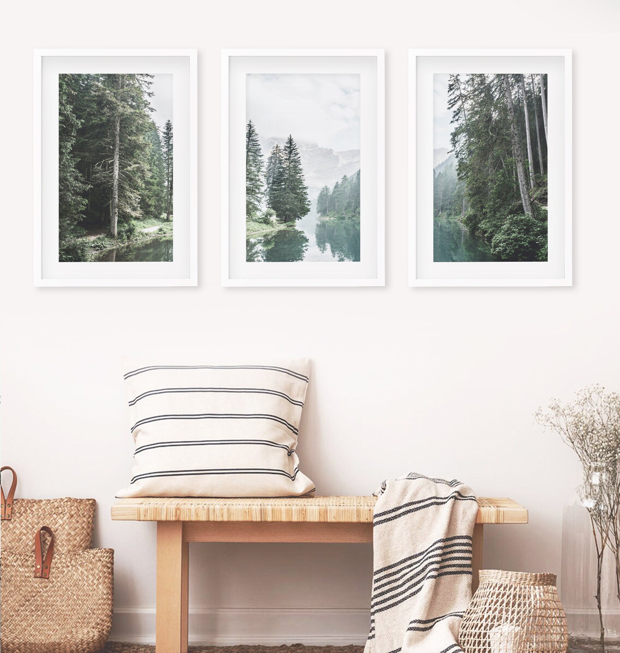 Forest Print Set of 3: Foggy Mountain, River, Pine Tree Landscape - Etsy