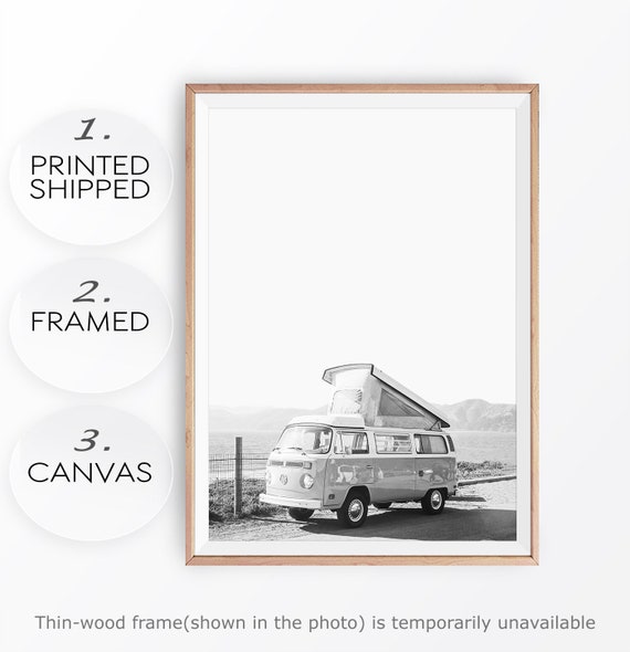 Black and White Beach Van Print: Retro Summer Travel Poster