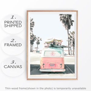 Tropical Ocean Beach Retro Van Poster Summer California Pink Boho Van Surfing Beach Decor Ocean Beach Life Coast Surf Poster Vintage Van Bus