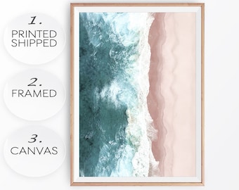Aerial Beach Photo: Ocean Waves Art Print, Pink Seashore