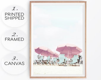 Pink Umbrella Beach Print: Boho Coastal California Photo