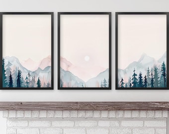 Watercolor Mountain Prints Set: Scandi Forest Triptych Wall Art