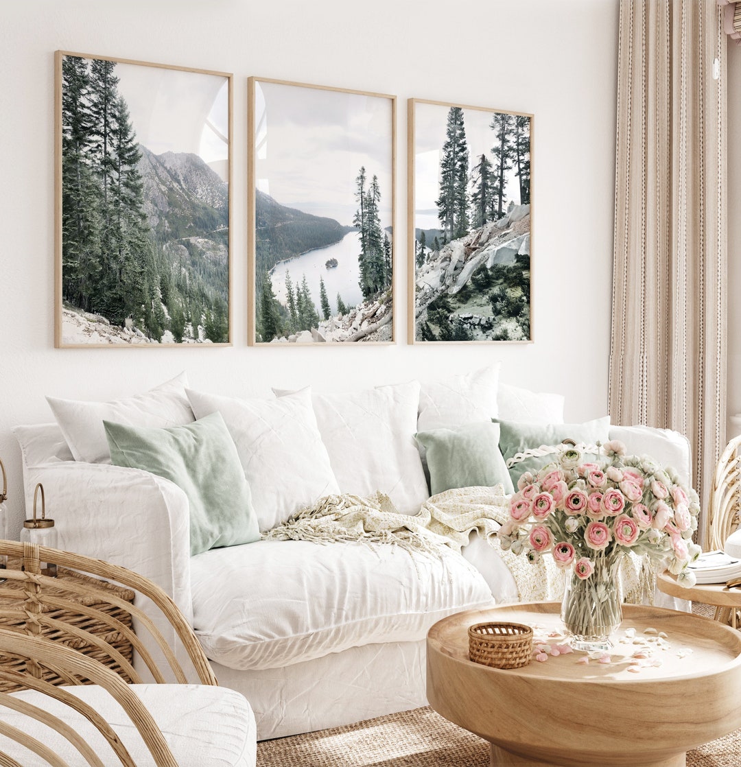 Large Nature Print Set of 3 Modern Forest Poster Mountain Lake Set