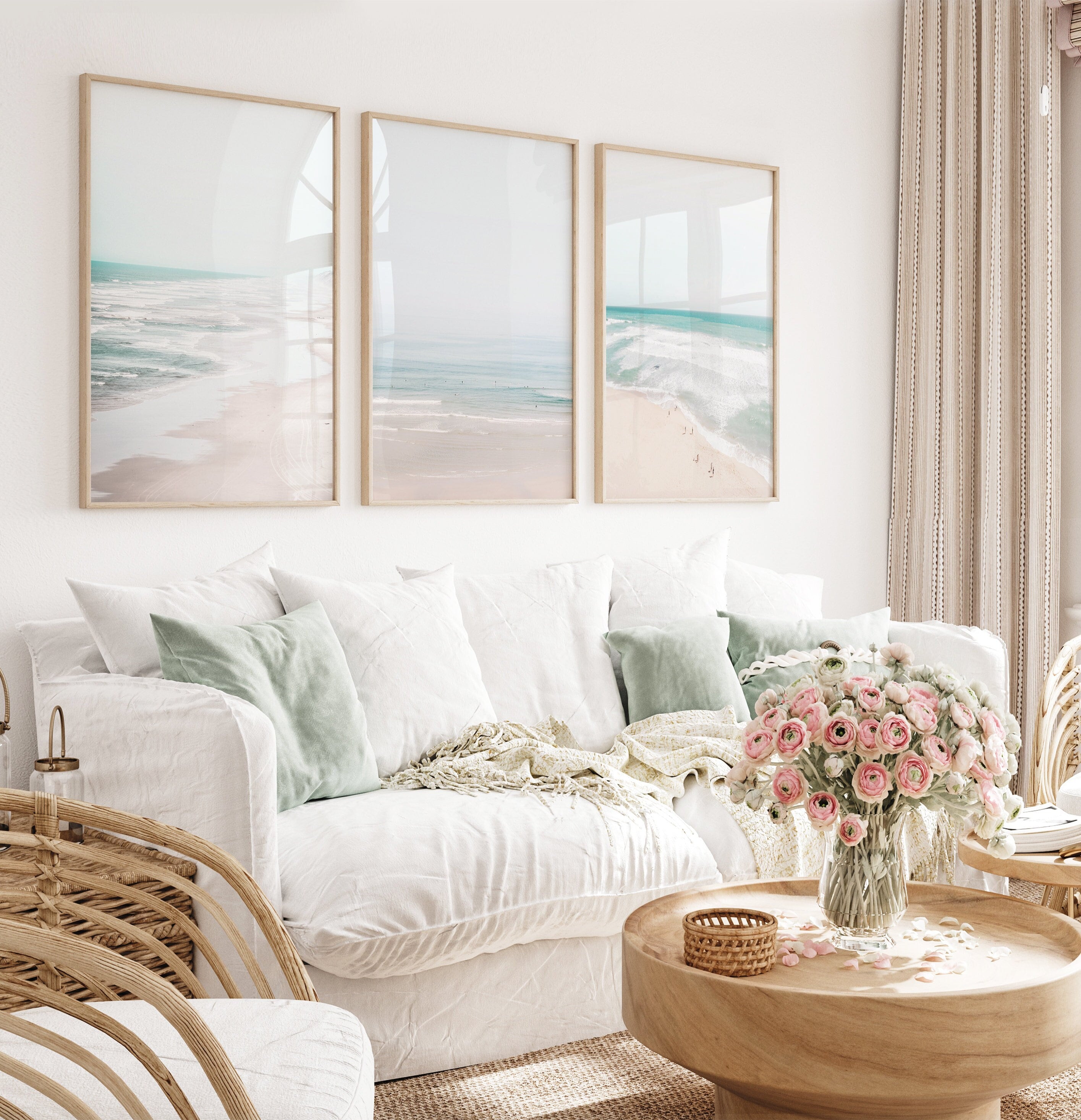 Neutral Beach Set of 3 Photos Bedroom Poster Set Coastal Art Prints Pastel Ocean Poster Neutral Tone Print Large Modern Coastal Triptych Set