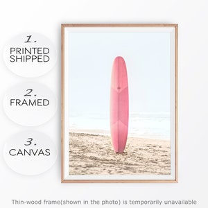 Tabla de surf rosa impresión tema de verano cartel rosa surf pared arte playa surf foto boho impresión costera tabla de surf pared arte chica habitación cartel