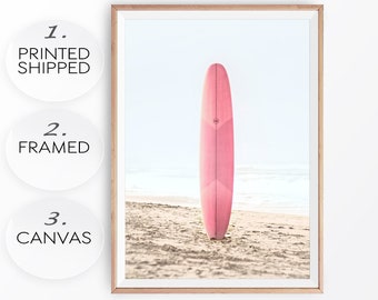 Pink Surfboard Print Summer Theme Poster Pink Surf Wall Art Beach Surfing Photo Boho Coastal Print Surf Board Wall Art Girl Room Poster