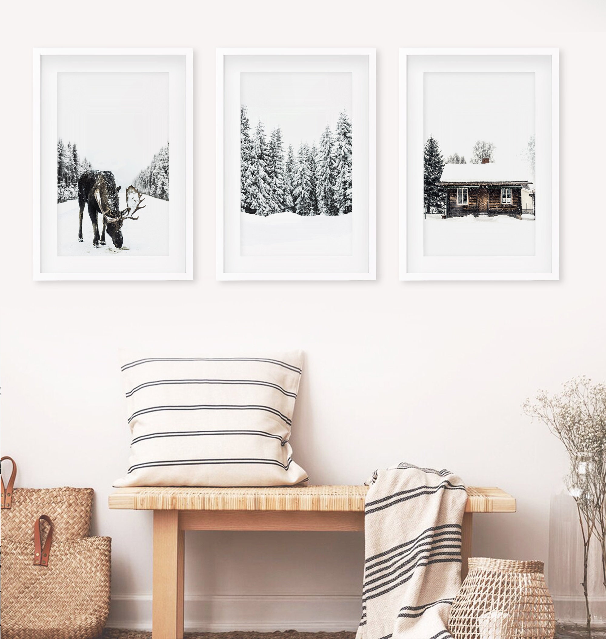 Winter Wonderland Print Set: Snowy Forest, Reindeer, Nordic Cabin - Etsy