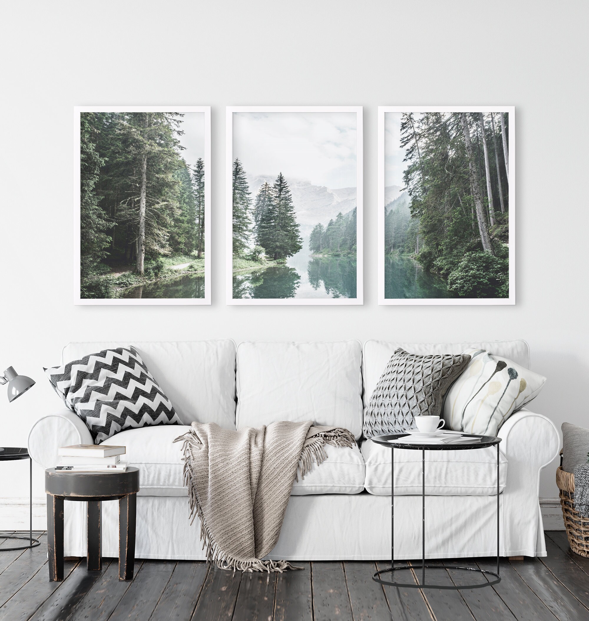 Forest Print Set of 3: Foggy Mountain, River, Pine Tree Landscape - Etsy