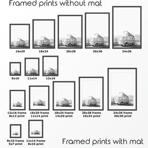 May include: A chart showing different frame sizes and print sizes for framed prints with and without mounts. The chart shows the dimensions of the frame and the print size inside the frame. The chart is in black and white and shows a photo of a vintage camper van.